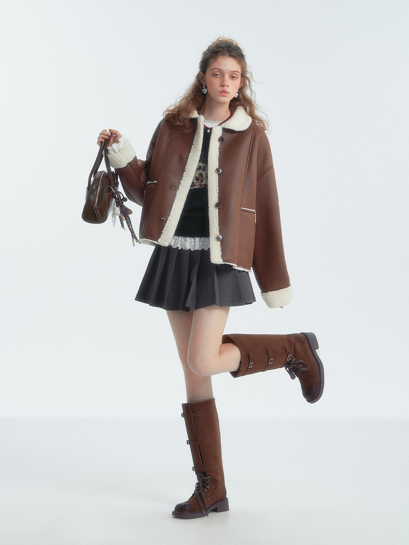 Brown Lapel Shearling Fur Short Jacket SOM0141