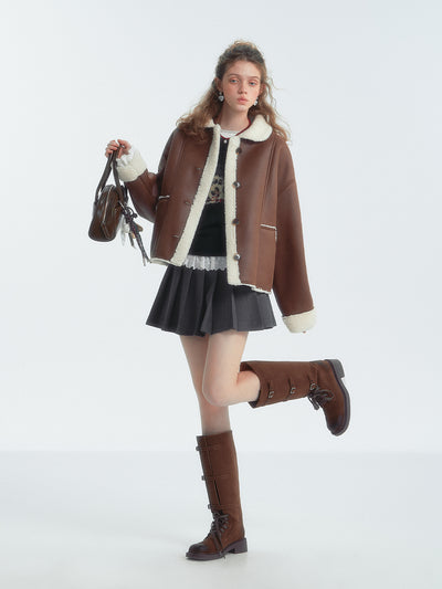 Brown Lapel Shearling Fur Short Jacket SOM0141