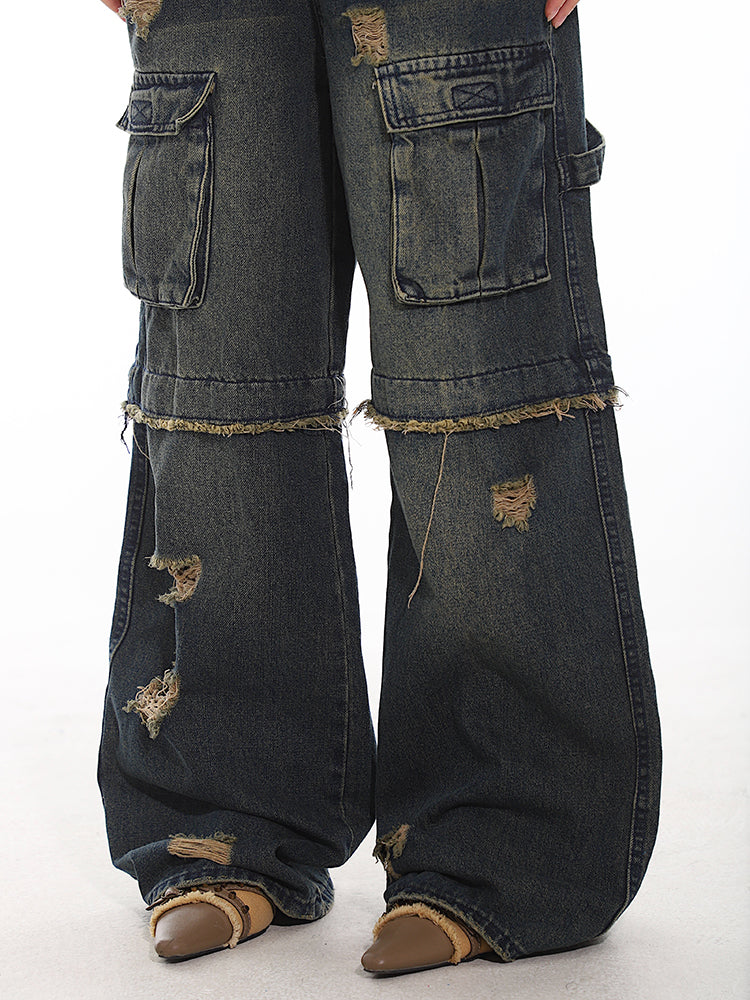 Washed Color Pocket Damaged Denim Straight Pants UNC0093