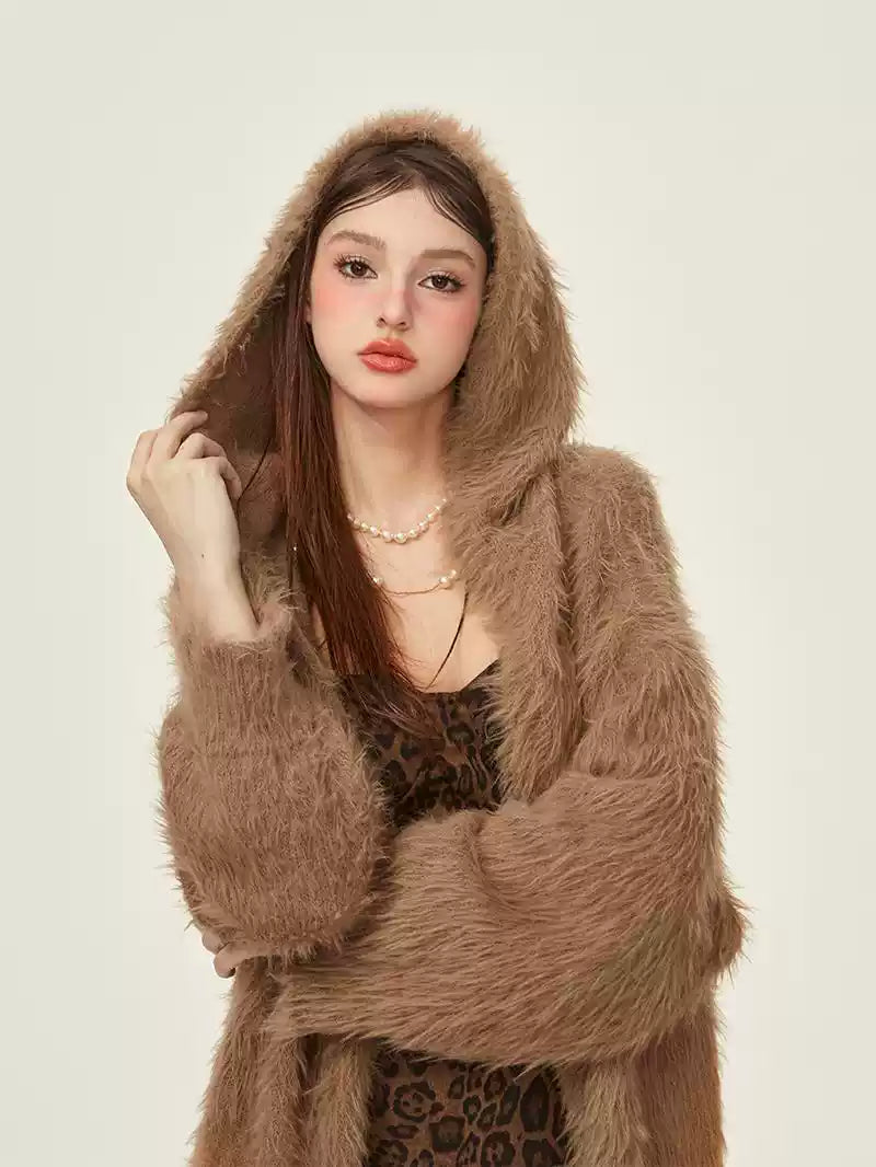 Loose Style Hooded Knitted Sweater Long Cardigan GIF0067