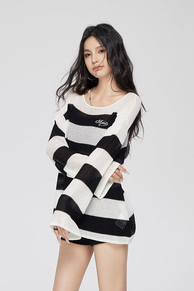 Black And White Striped Lazy Design Loose Sweater MAC0080