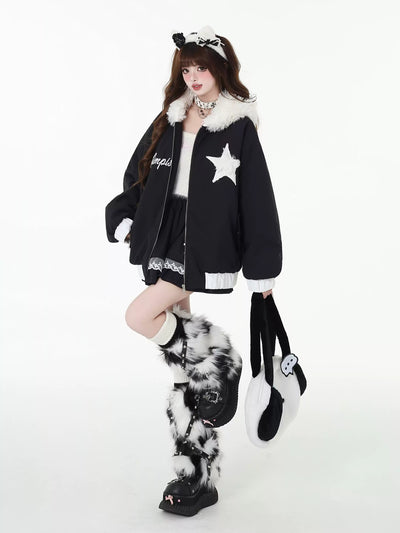 Star Design Loose Zip Monotone Jacket with Rabbit Ears Hood CRA0097