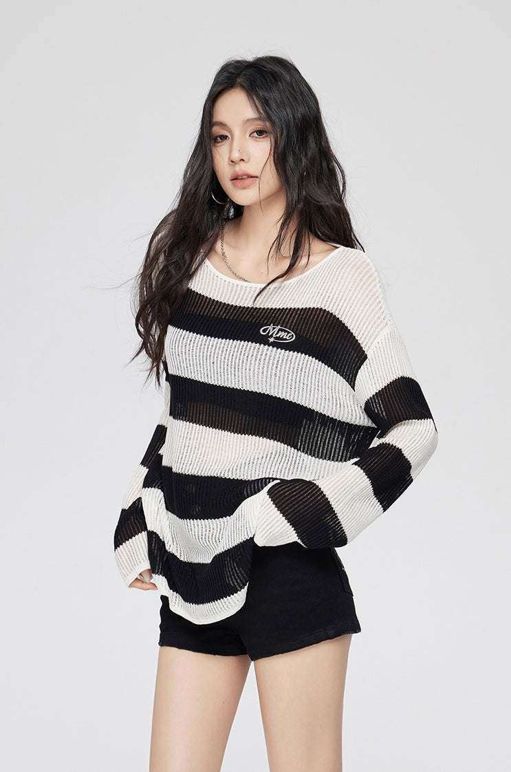 Black And White Striped Lazy Design Loose Sweater MAC0080