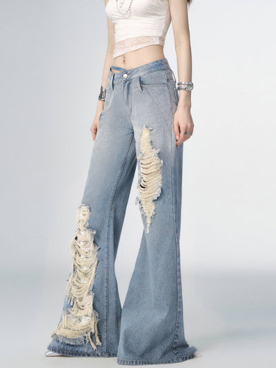 Gradient Blue Flared Damaged Denim Pants OFA0153