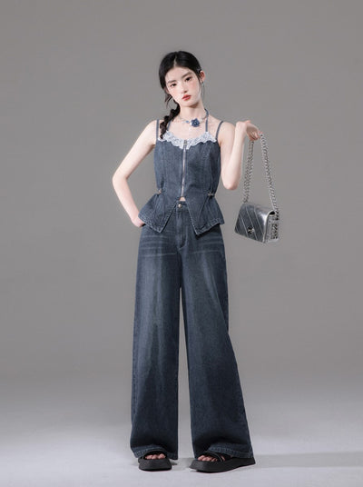 Blue Double Sling V-neck Lace Waist Slimming Denim Camisole/Jeans COT0130