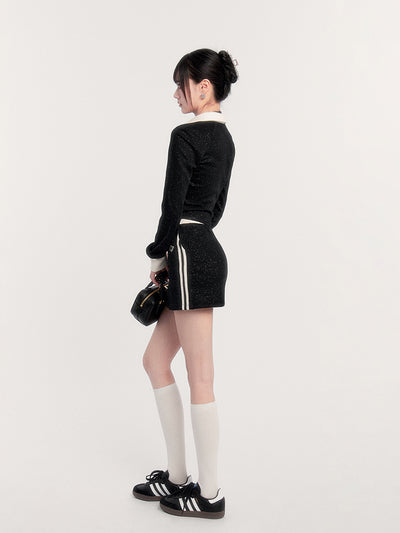 Black Glitter Sweatshirt Jacket/Slim Short A-Line Skirt VOC0243