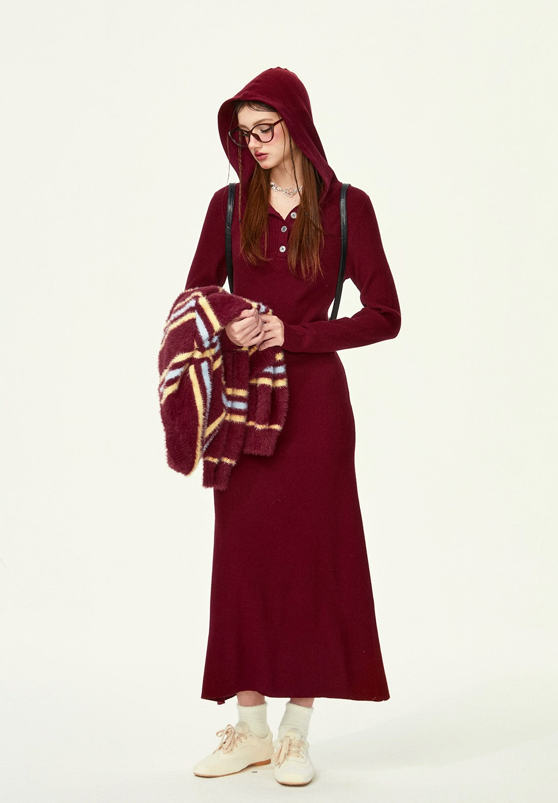 Henry Collar Waist Lazy Casual Knitted Long Dress GIF0071