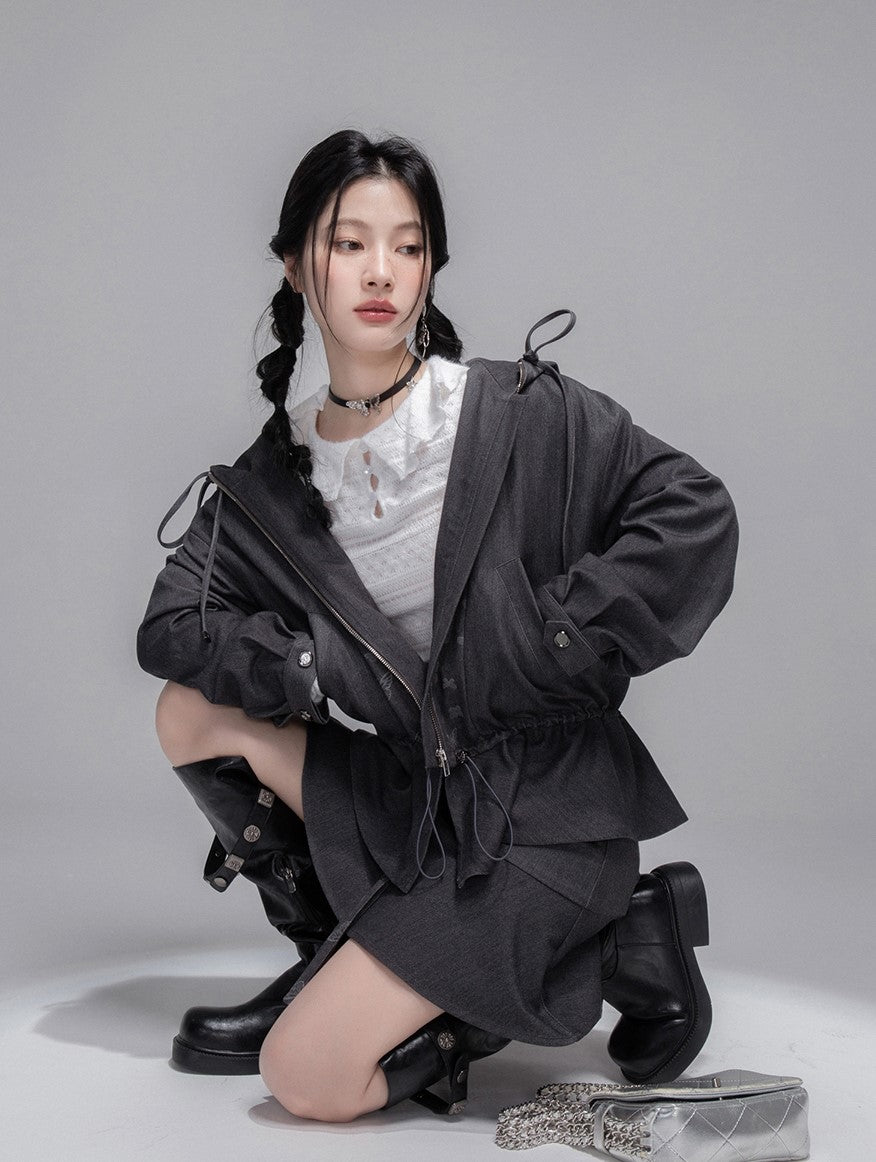 Gray Butterfly Spliced Hooded Jacket+Skirt COT0353