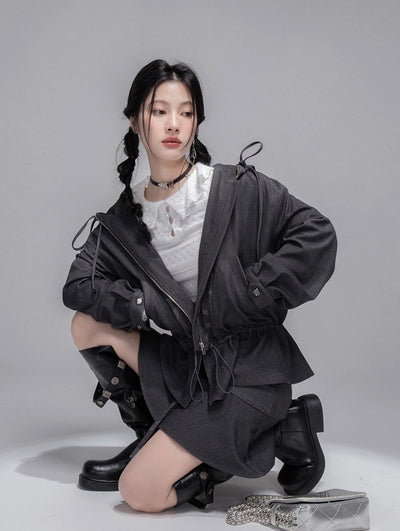 Gray Butterfly Spliced Hooded Jacket+Skirt COT0353