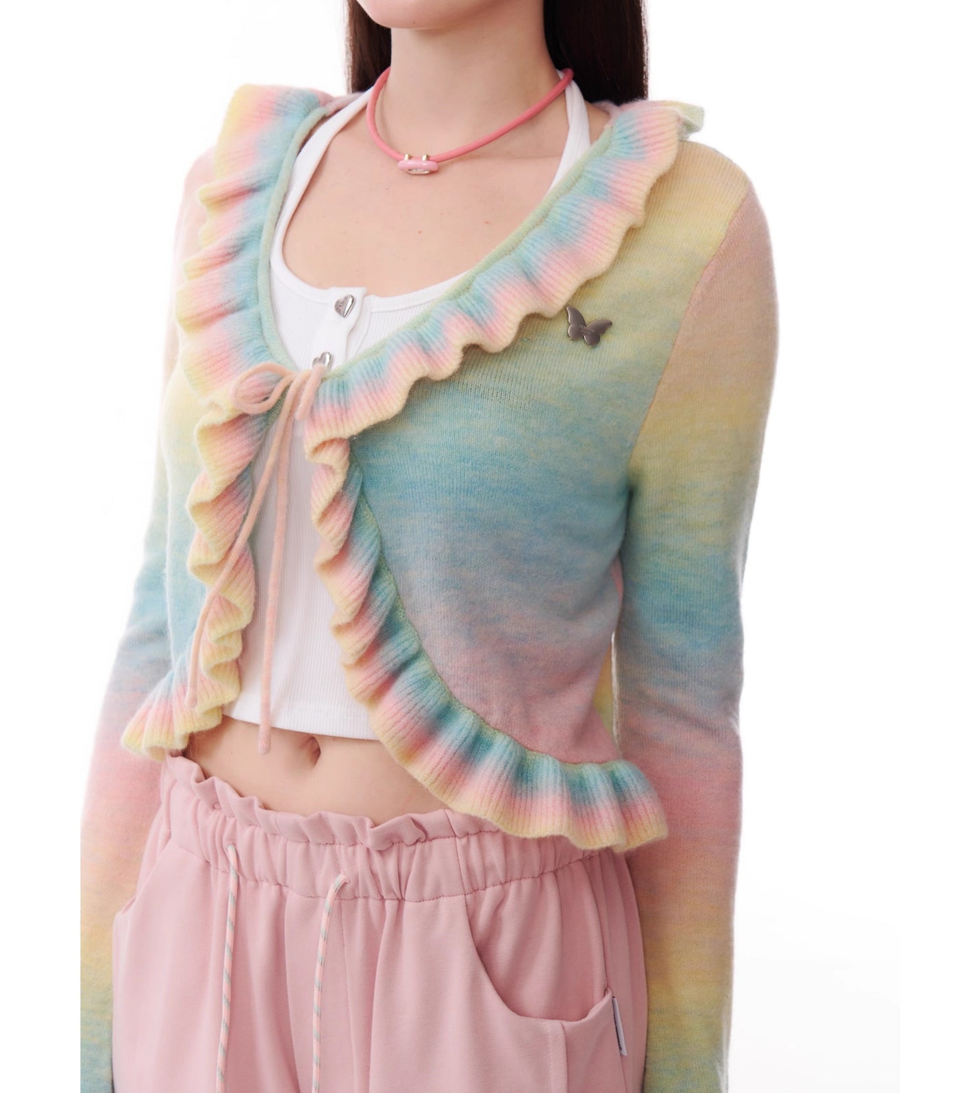 Gradient Contrast Color Ruffled Trumpet Sleeve Knitted Cardigan ZIZ0183