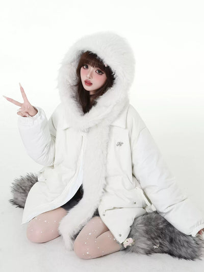 White thick down jacket with long fur hood CRA0099