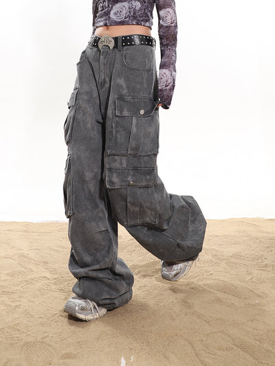 Smoke-colored multi-pocket wide-work loose pants UNC0112