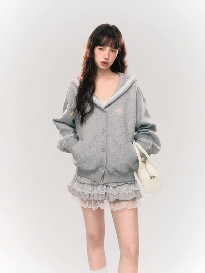 Lace Navy Collar Gray Sweatshirt Cardigan NTO0173