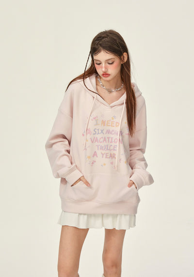 Pink Letter Loose Hooded Thickened Fleece Sweatshirt GIF0073