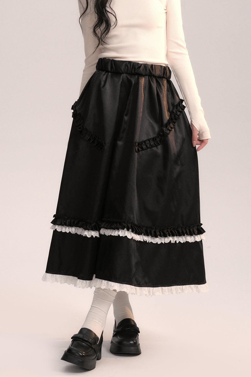 Holiday Silk Texture Contrast Color Ruffled Long Skirt AOO0043