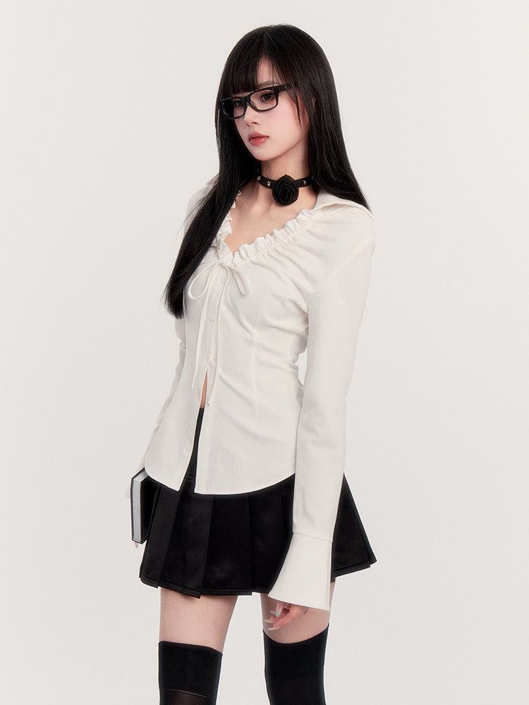 Chest Butterfly Strap V-neck Slim Flare Long Sleeve Shirt VOC0246