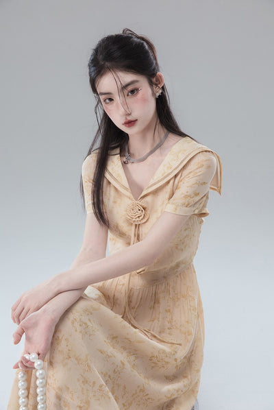 Fallen Leaves Apricot Yellow Atmosphere Short-sleeved Dress COT0133