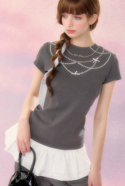 Overlapping necklace design T-shirt & ruffle layered skirt style belt SPE0039