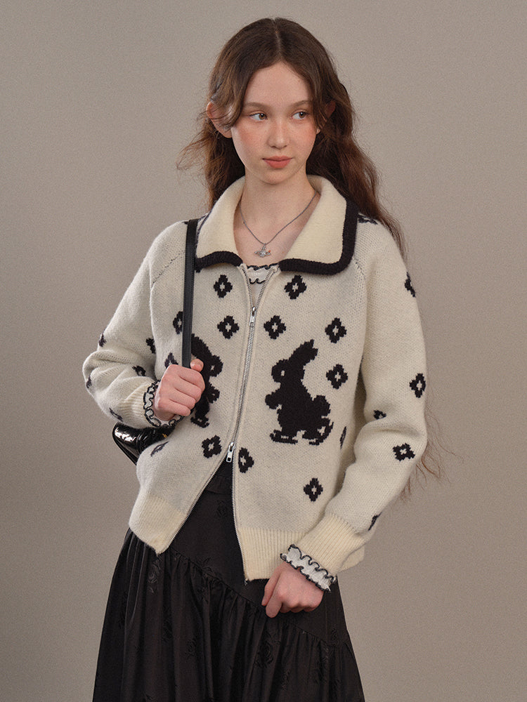 Flower Rabbit Pattern Zip Knit Cardigan YOO0076