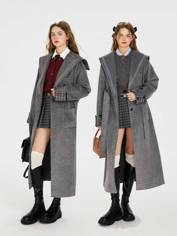 Waist Belt College Style Wool Long Coat BOH0068