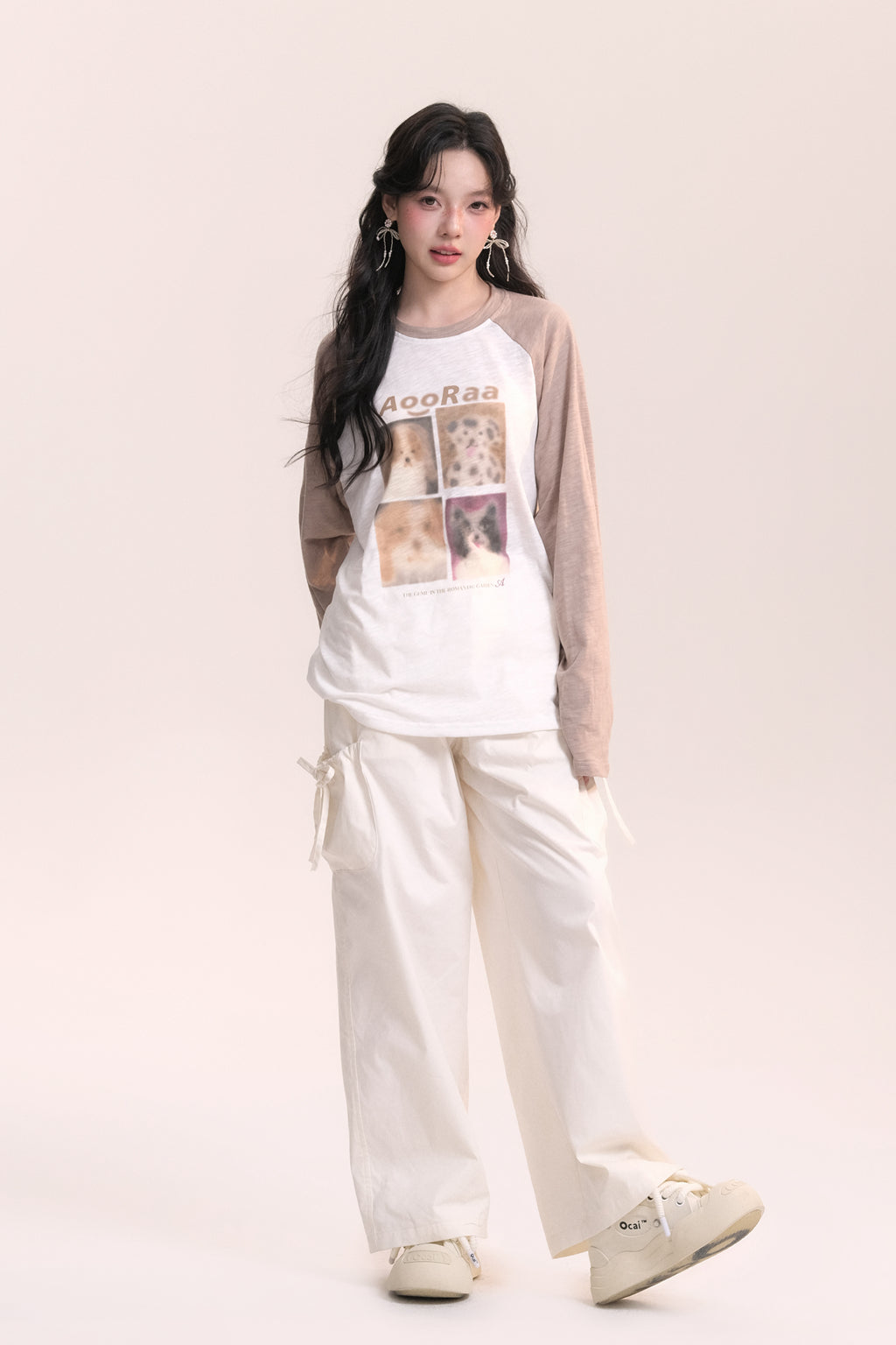 Dog Print Design Raglan Sleeve Long T-Shirt AOO0037