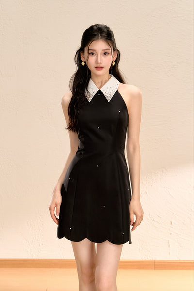 Halter Neck Waist Slimming A-line Black Dress OSH0056