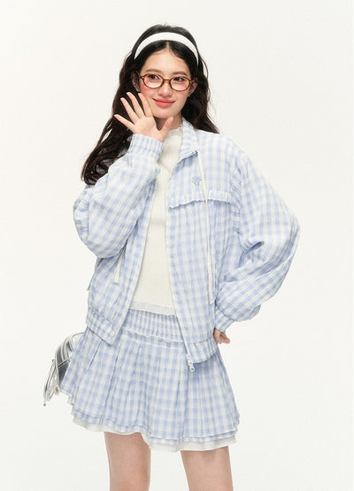 Plaid Embroidery Jacket/Multi-layer Lace A-line Skirt NTO0122