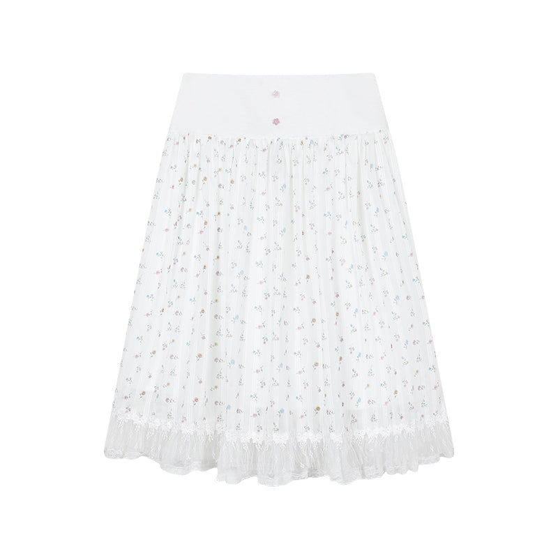 Floral Pattern Frilled Collar Girly Short-Sleeved Blouse & Lace Hem Knee-Length Skirt AOO0032