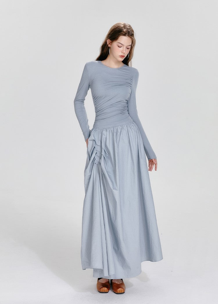 Ballet Style Round Neck High-end Irregular Pleated Long Sleeve Dress BOH0054