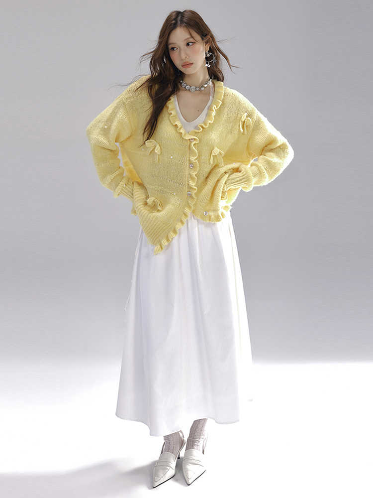 Soft knit ruffle cardigan with ribbon and pearl design LAC0229