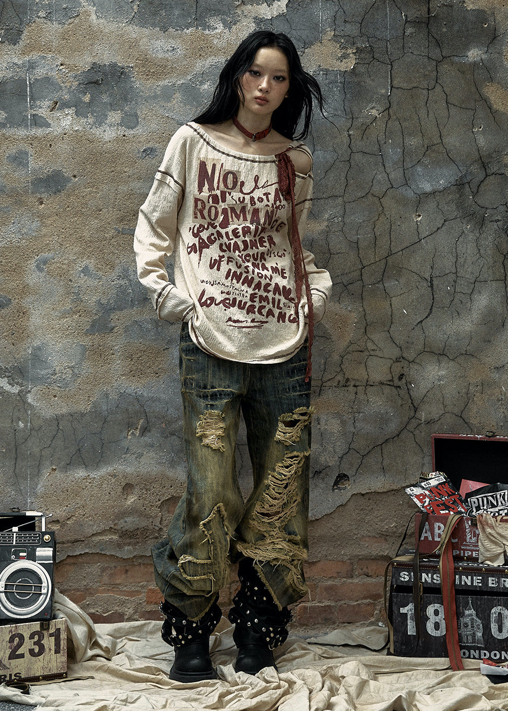 Retro Wasteland Lazy Style Tie Lace Print Loose Long-sleeved T-shirt NOR0086