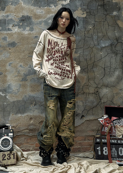 Retro Wasteland Lazy <tc>Style</tc> Tie Lace Print Los T-shirt met lange mouwen NOR0086