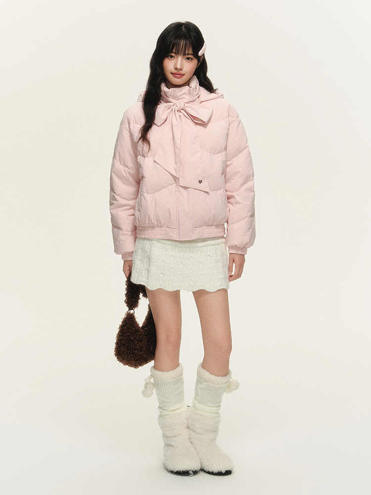 Ribbon Tie Design Hooded Girly Down Jacket NTO0155