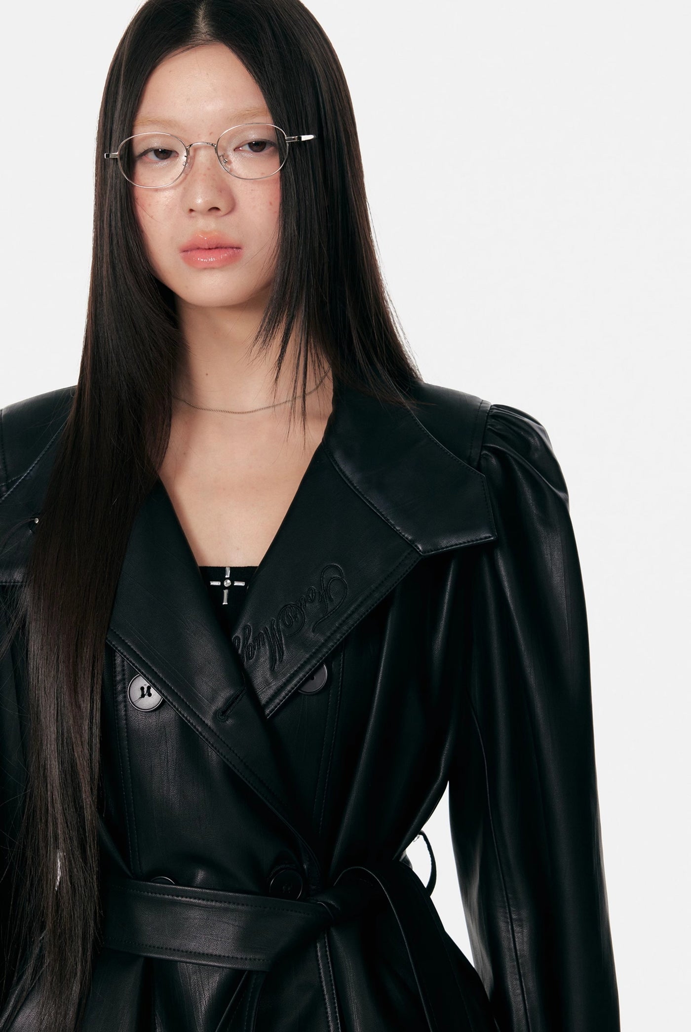 Pleated Stand Collar Black Leather Jacket 4MU0091