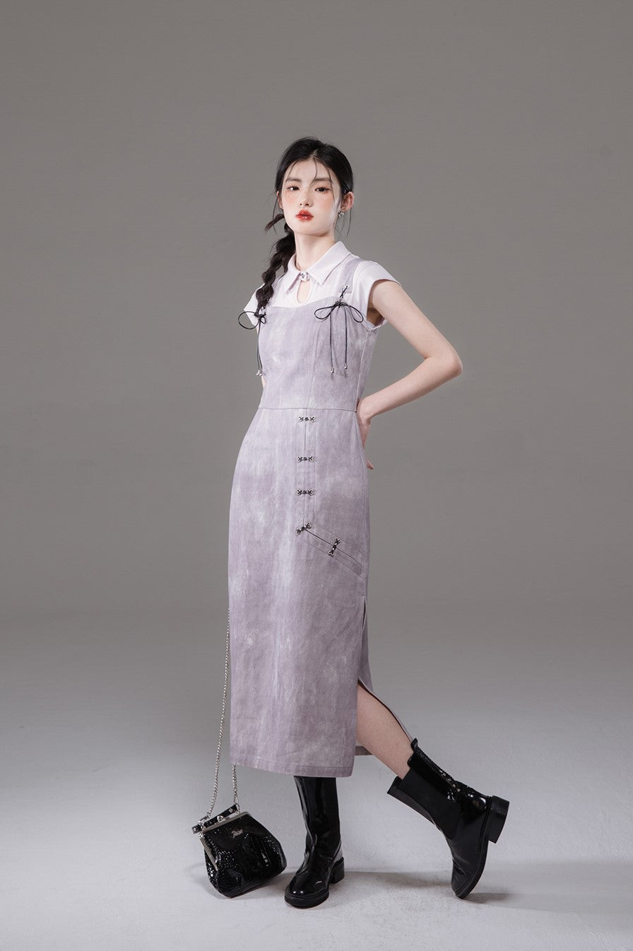 Plum Purple Tencel Shirt/Tie-Dye Printed Suspender Dress COT0131