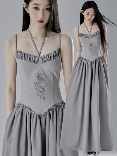 Dragon Embroidery Halter Neck Long Dress SAL0026