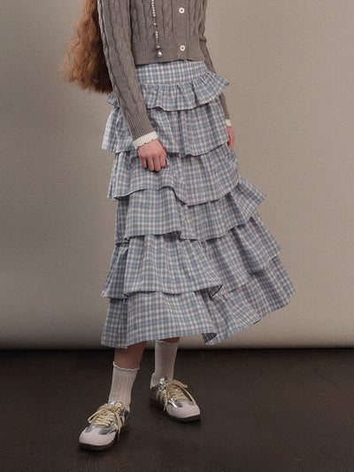 Blue Checked Frilled Layered Long Skirt YOO0075