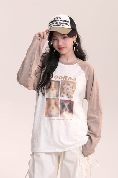 Dog Print Design Raglan Sleeve Long T-Shirt AOO0037