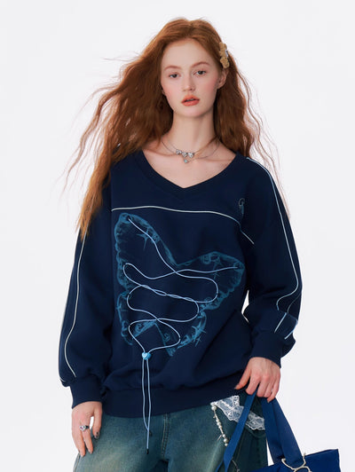 Butterfly Drawstring V-neck One-shoulder Loose Sweatshirt ZIZ0180