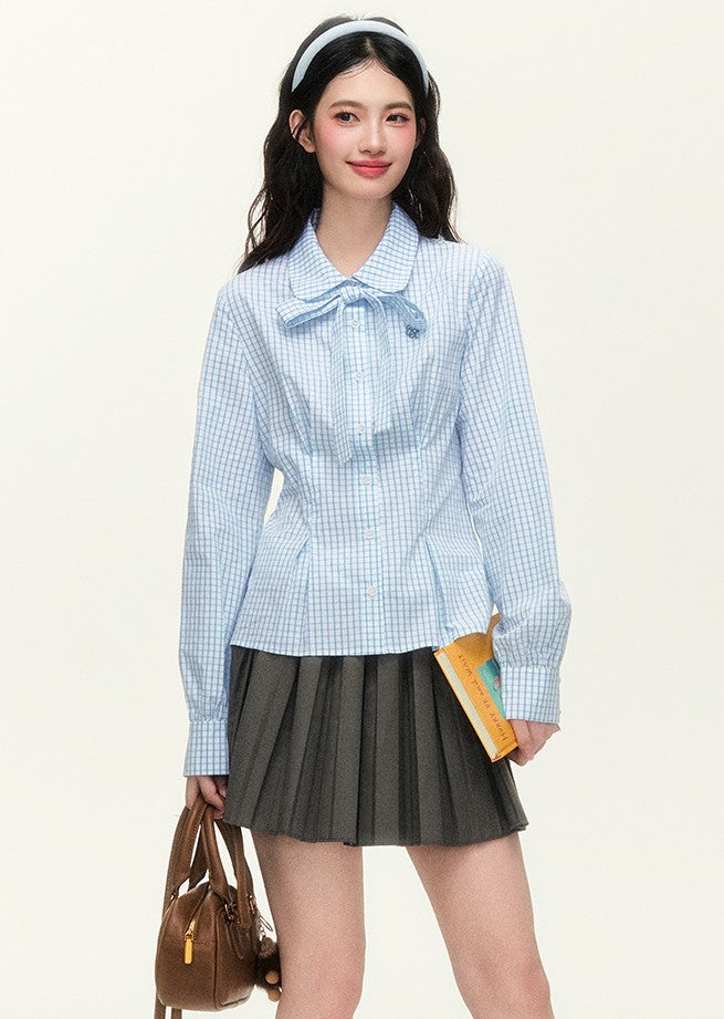 College Style Embroidered Check Tie Shirt/Gray Skirt NTO0127