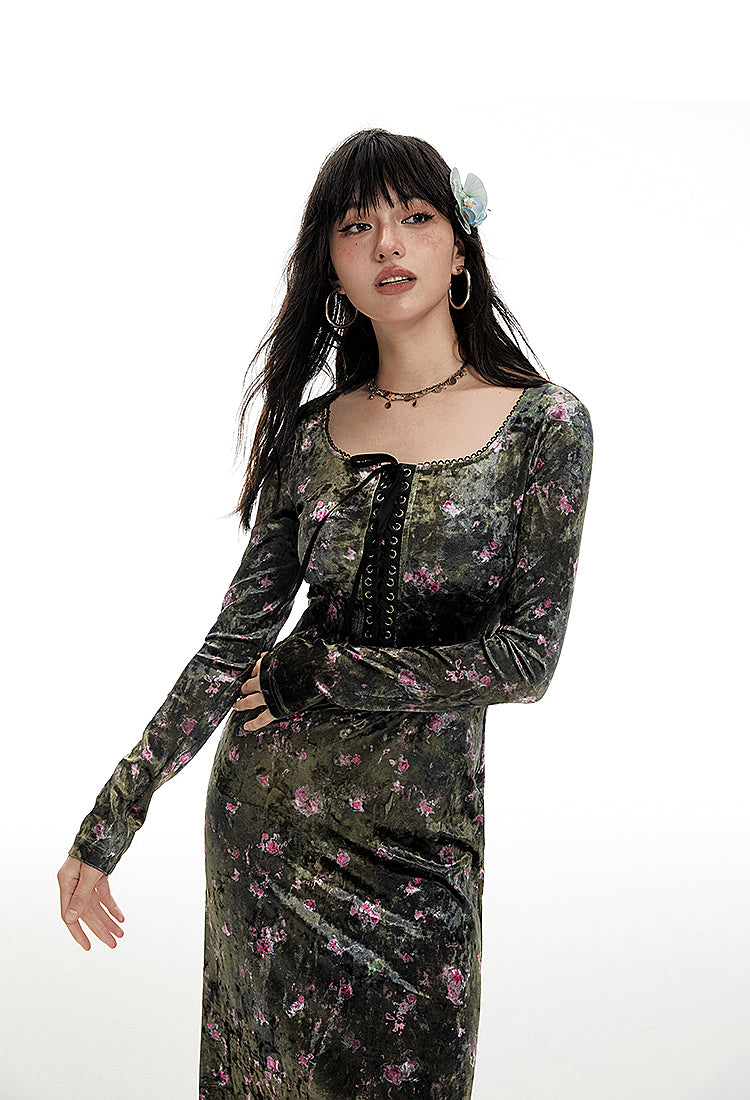 Retro Chest Strap Waist Square Collar Velvet Floral Dress IMO0053