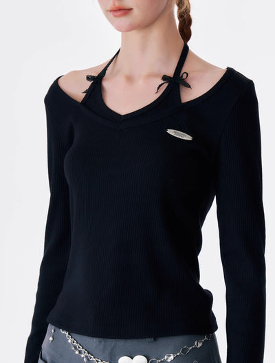 Bow Halter Neck Long Sleeve Knitted T-shirt ZIZ0178