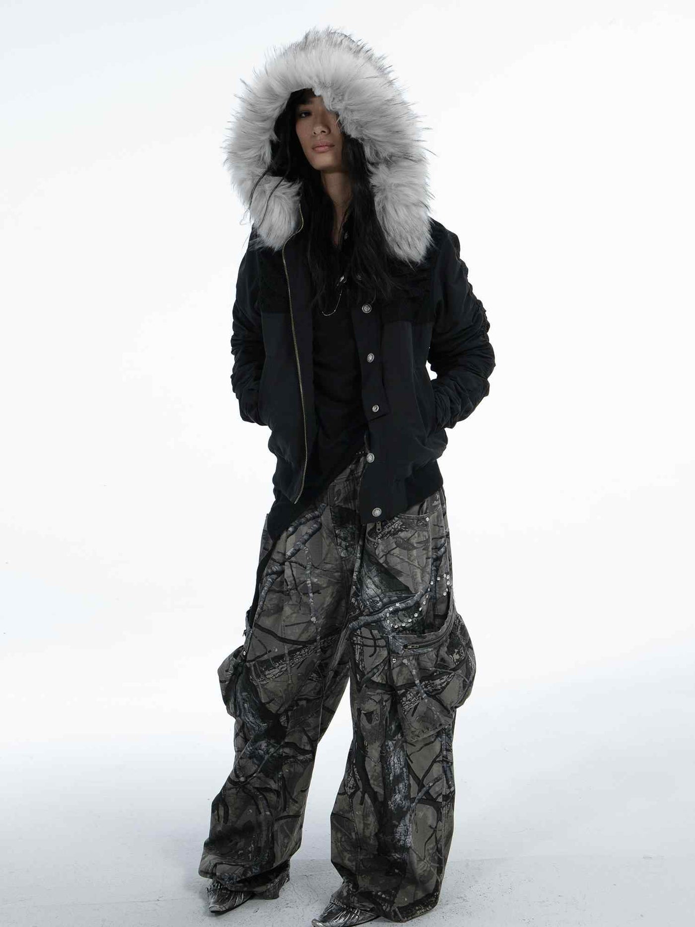 Long Eco Fur Hooded Cotton Warm Jacket with Boa Lining DOU0067