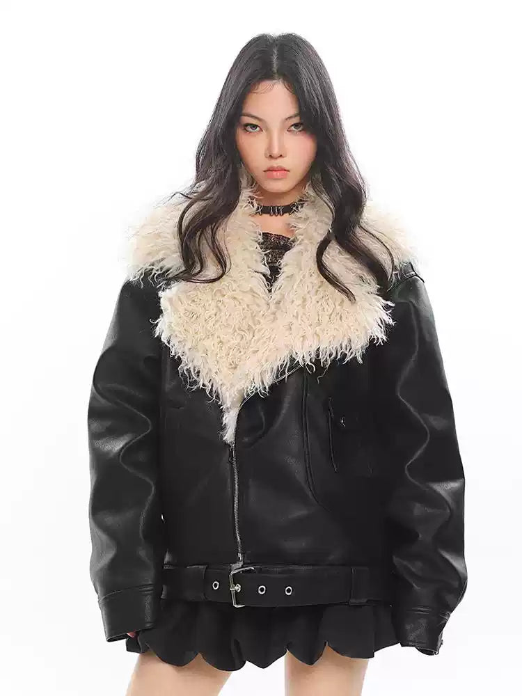 Fur Lapel Windproof Loose Leather Jacket UNC0219