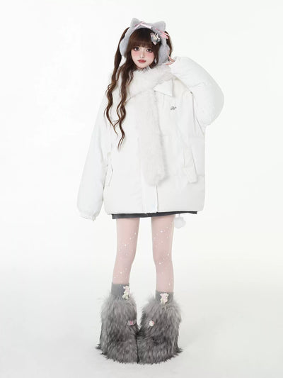 White thick down jacket with long fur hood CRA0099