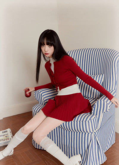 Red Knitted Cardigan/Skirt/Off-white Vest FRA0269