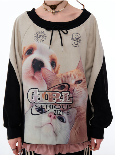 Loose Round Neck Contrast Suede Cat And Dog Print Sweatshirt ZIZ0170