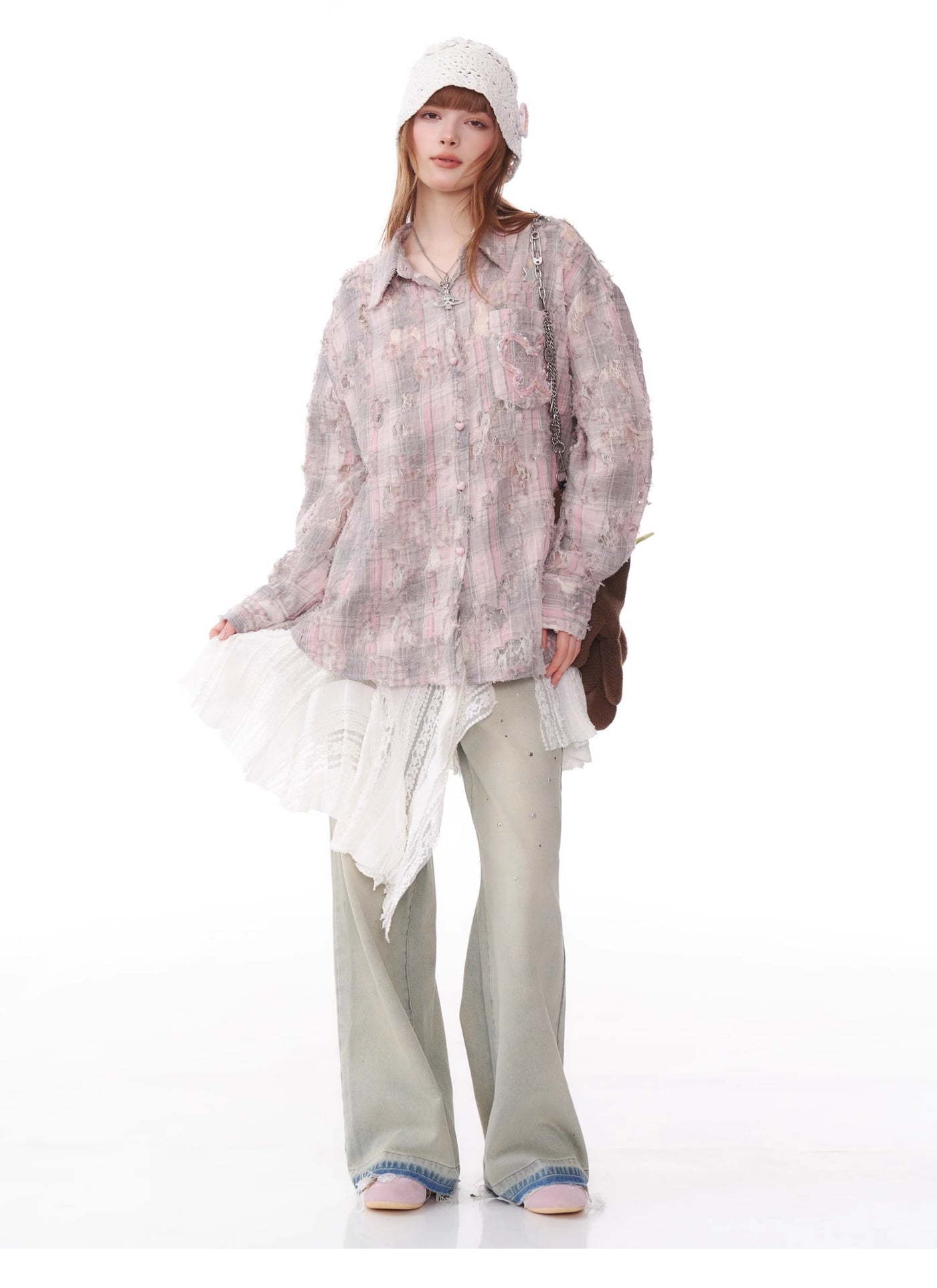 Butterfly Jacquard Pocket Damaged Plaid Loose Shirt ZIZ0161