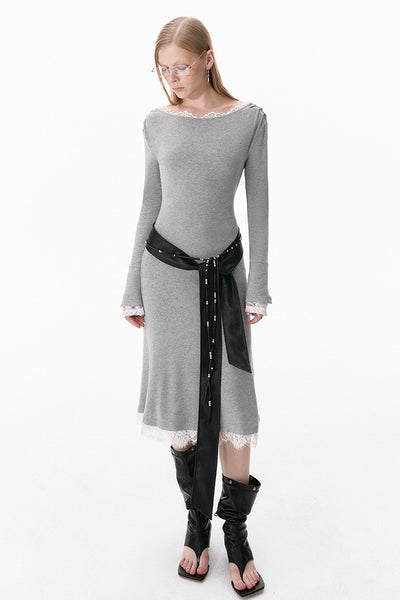 Gray Knitted Lace Splicing One-shoulder Long Dress BYW0024