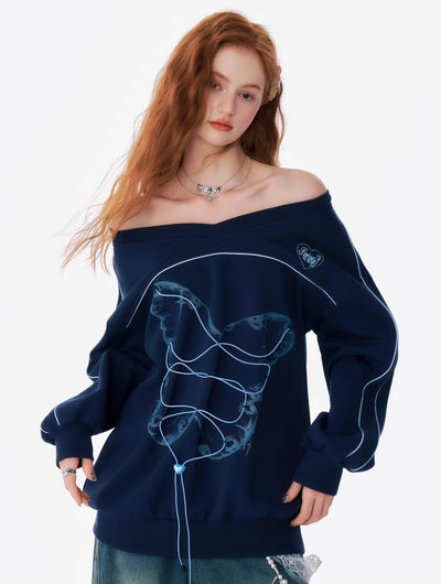 Butterfly Drawstring V-neck One-shoulder Loose Sweatshirt ZIZ0180